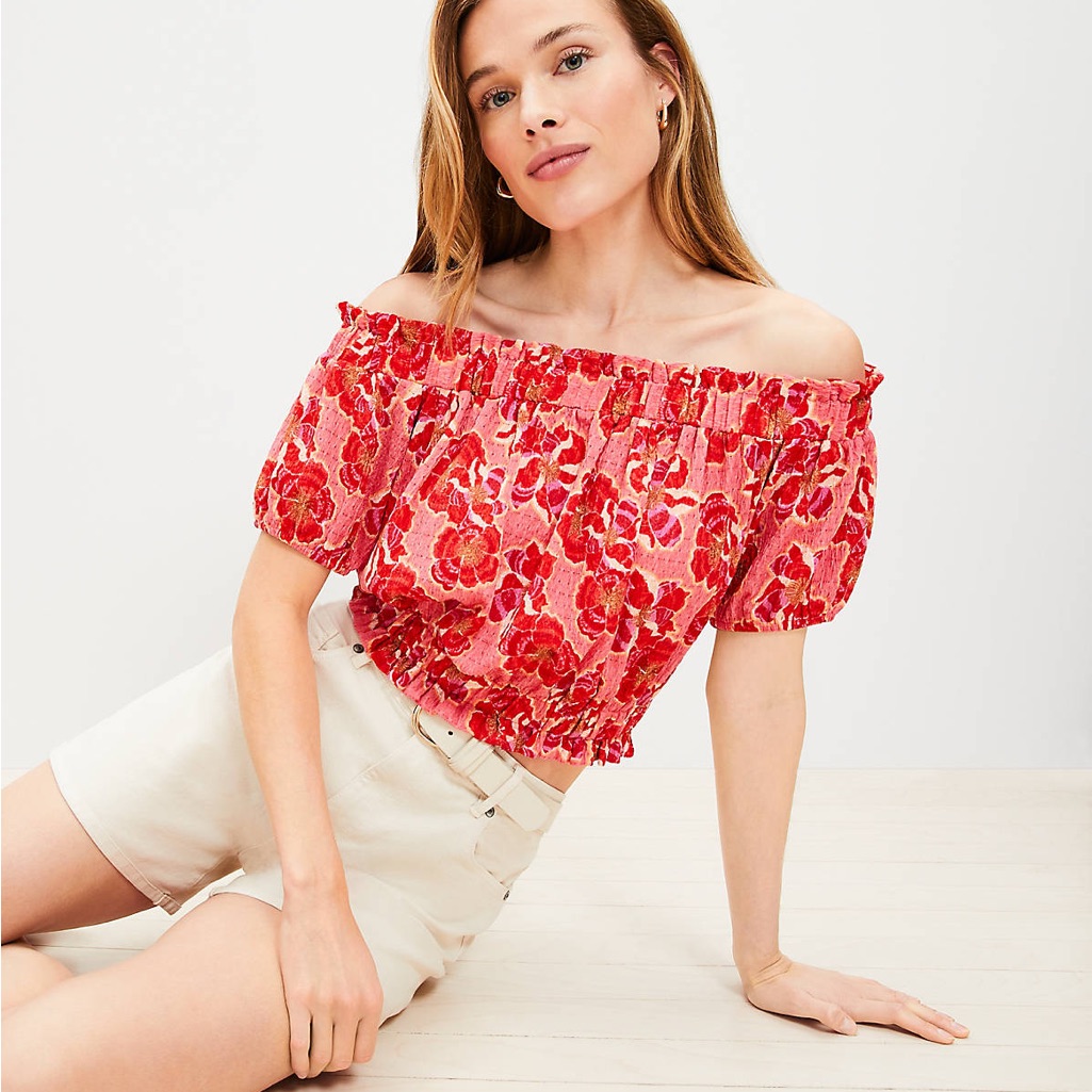 Loft Nwt Floral Crinkle Jacquard Off The Shoulder Top 2xl Pink Red